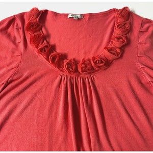 Harve Benard Sweater Womens XL Coral Pink Lightweight Roses Neckline Fringe Trim